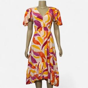 Orange and Pink Ruffled Tiered Midi Sundress